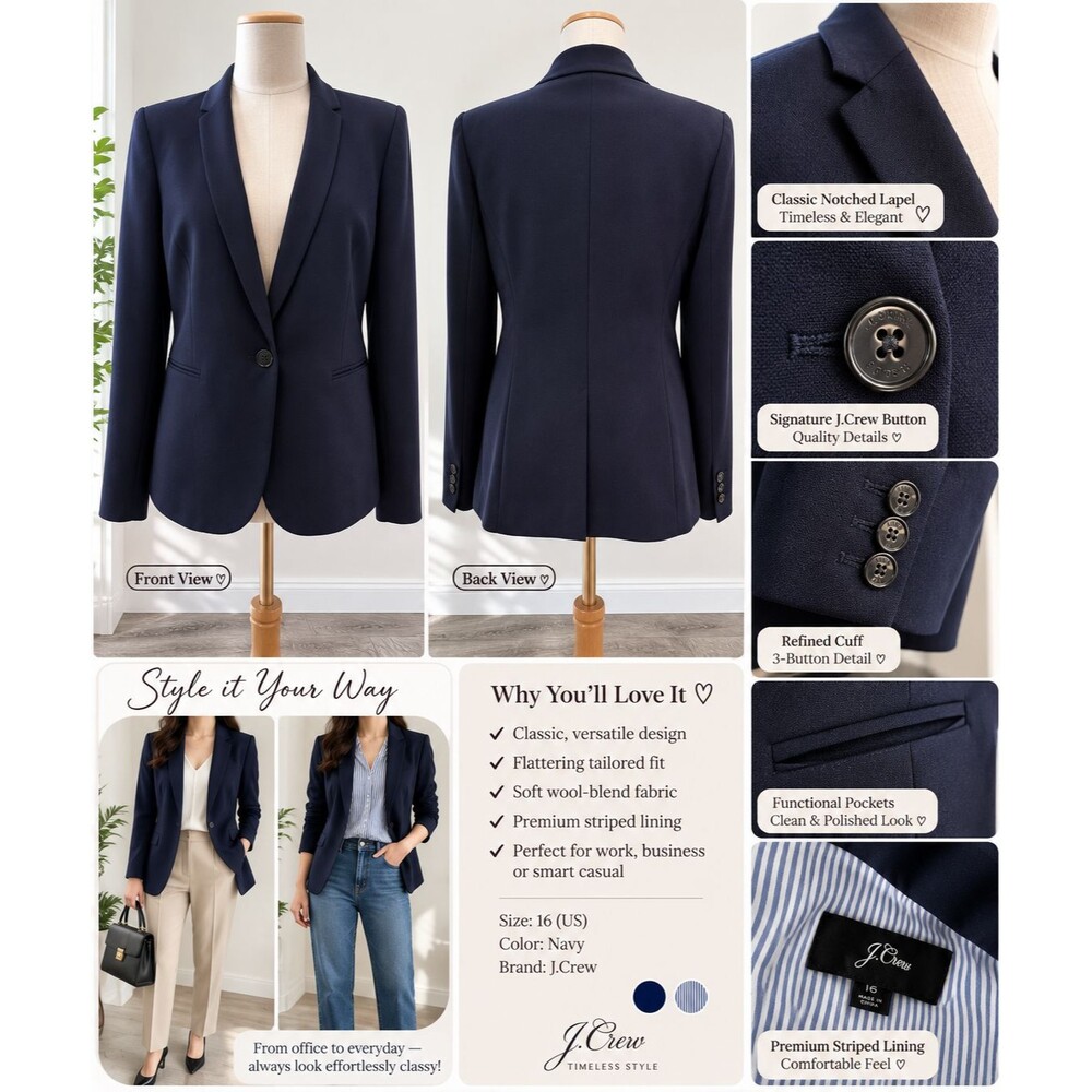 J.CREW Women's Navy Blue Notch Lapel One-Button Blazer Size 10 Lined